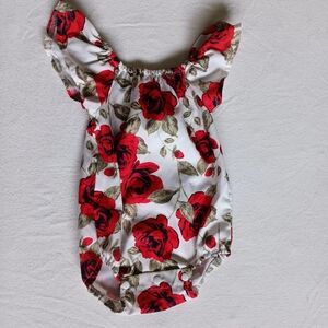 Floral Red and White Baby One Piece Woth Ruffle Sleeves